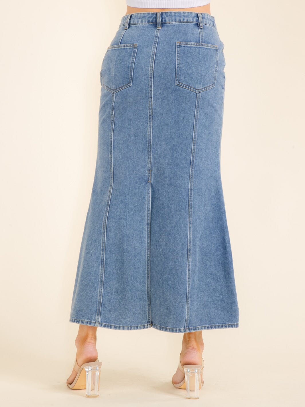 WOMEN'S BUTTON CLOSURE POCKETS DENIM MAXI SKIRT