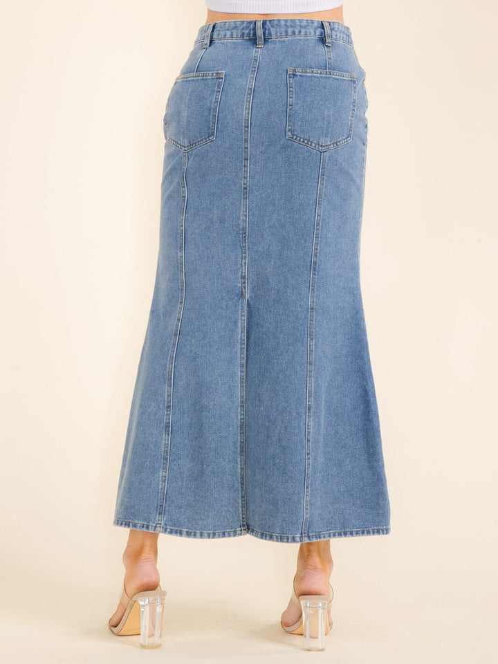 WOMEN'S BUTTON CLOSURE POCKETS DENIM MAXI SKIRT