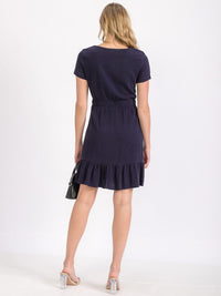 WOMEN'S SHORT SLEEVE BELTED TIERED LINEN MINI DRESS