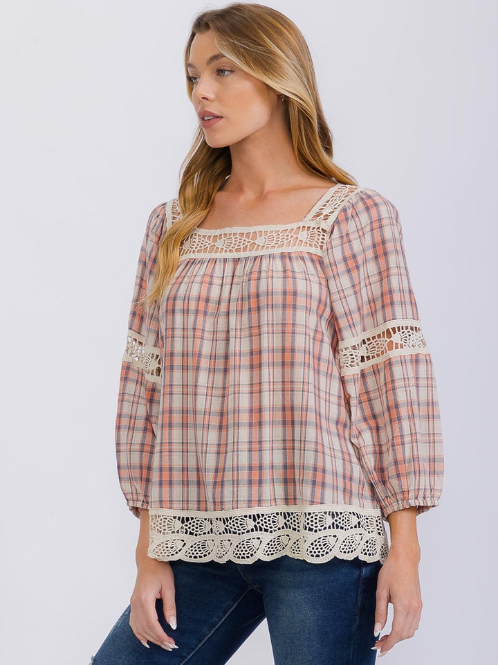 WOMEN'S LONG SLEEVE SQUARE NECK PLAID CROCHET TRIM BLOUSE
