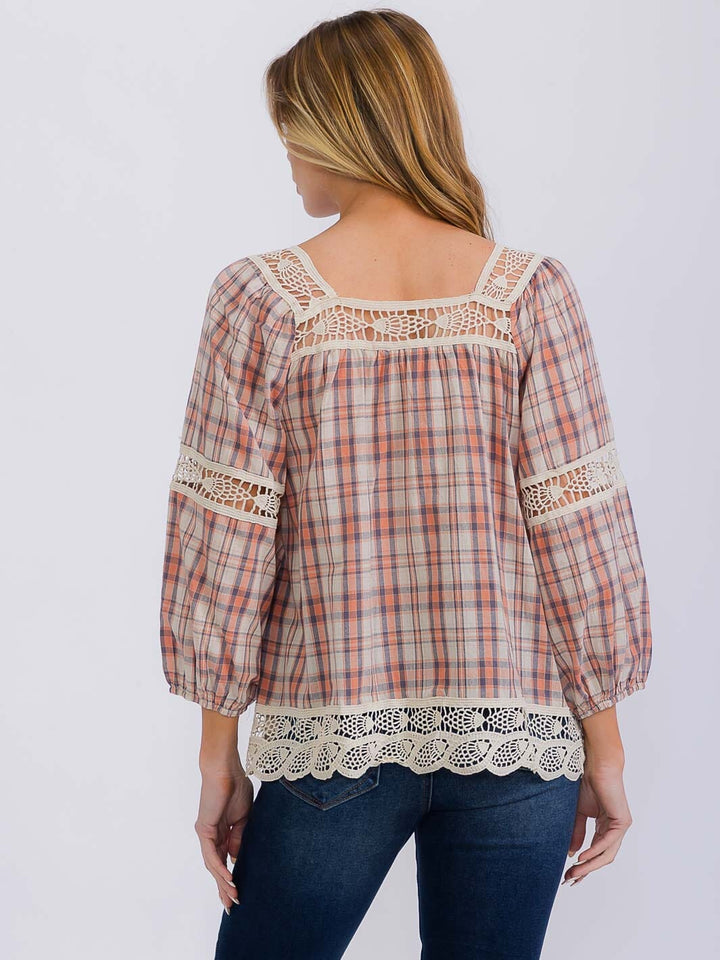 WOMEN'S LONG SLEEVE SQUARE NECK PLAID CROCHET TRIM BLOUSE