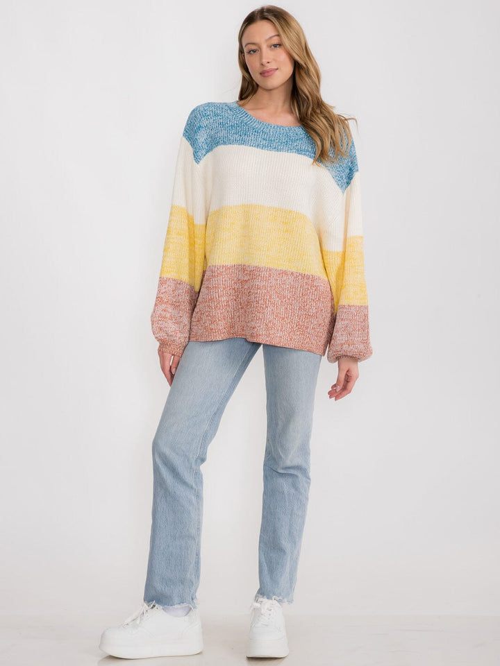 WOMEN'S LONG SLEEVE STRIPES COLORBLOCK PULLOVER SWEATER