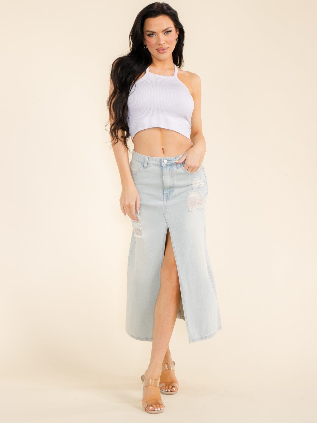 WOMEN'S BUTTON CLOSURE POCKETS FRONT SLIT DISTRESS DENIM MAXI SKIRT