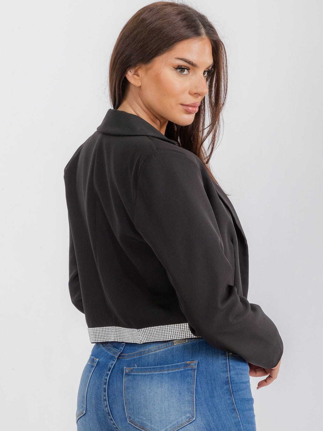 WOMEN'S LONG SLEEVE OPEN FRONT TRIM STUDS DETAILED BLAZER