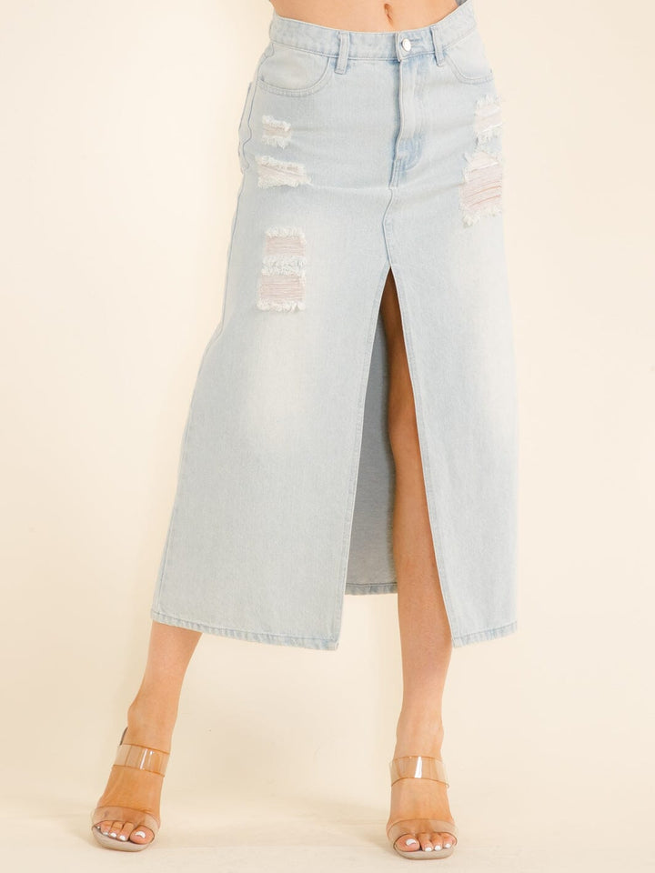 WOMEN'S BUTTON CLOSURE POCKETS FRONT SLIT DISTRESS DENIM MAXI SKIRT