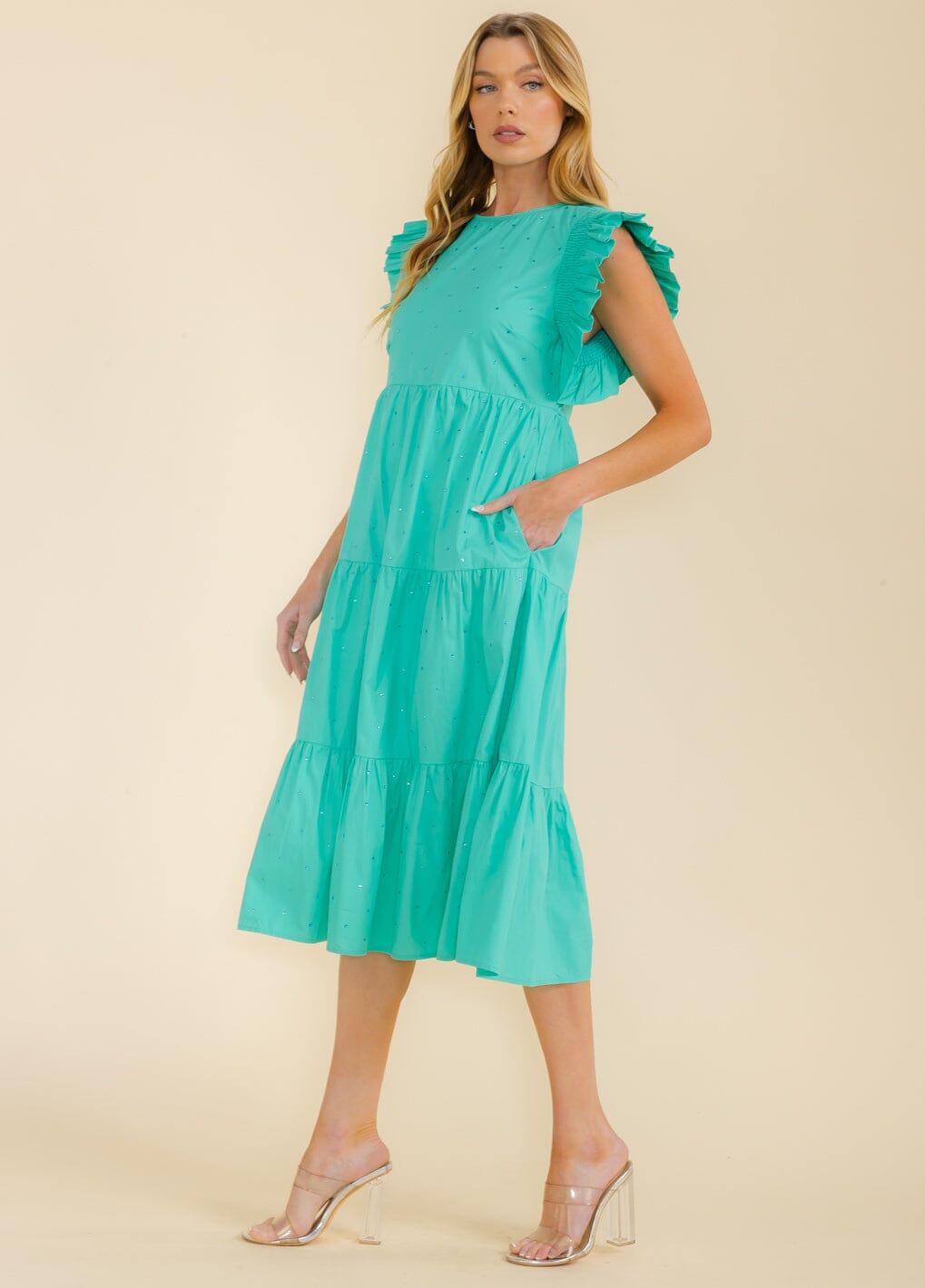 WOMEN'S RUFFLE SLEEVE FRONT POCKETS TIERED STUDS MIDI DRESS