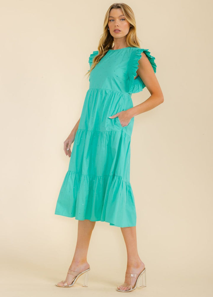 WOMEN'S RUFFLE SLEEVE FRONT POCKETS TIERED STUDS MIDI DRESS