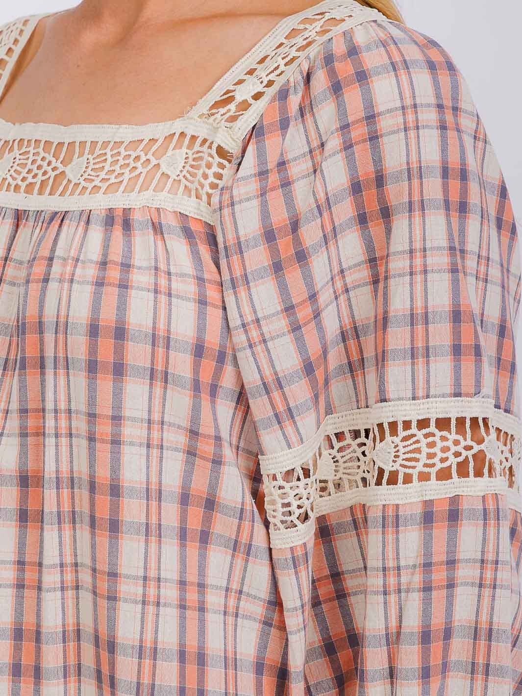 WOMEN'S LONG SLEEVE SQUARE NECK PLAID CROCHET TRIM BLOUSE