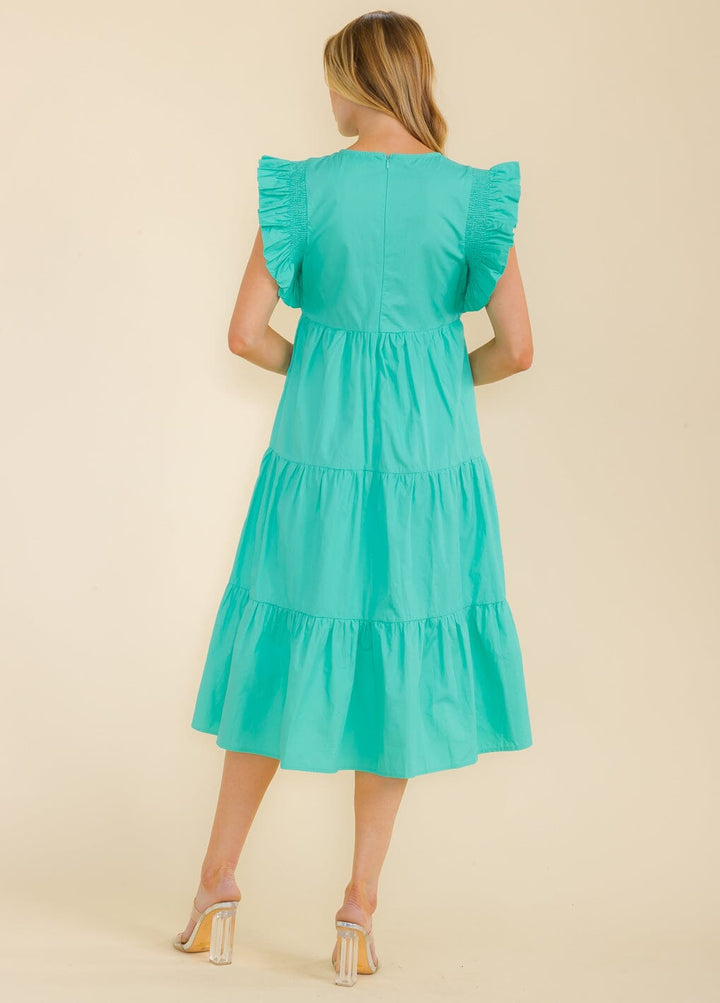 WOMEN'S RUFFLE SLEEVE FRONT POCKETS TIERED STUDS MIDI DRESS