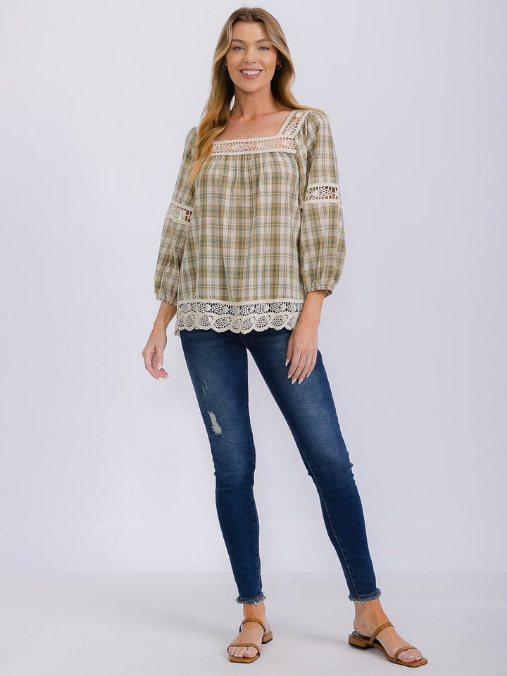 WOMEN'S LONG SLEEVE SQUARE NECK PLAID CROCHET TRIM BLOUSE