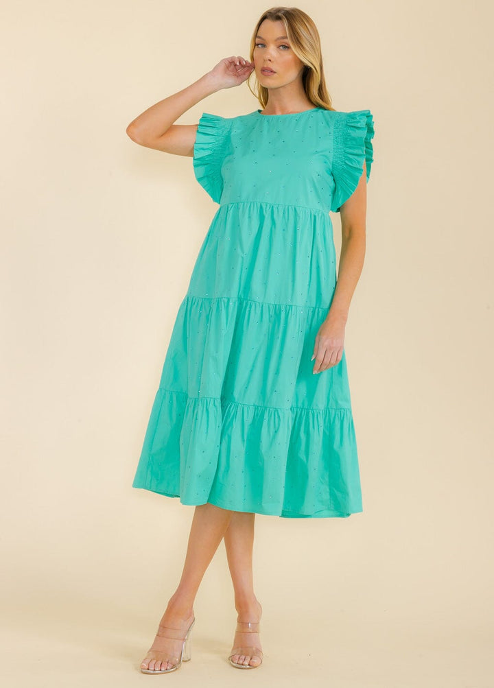 WOMEN'S RUFFLE SLEEVE FRONT POCKETS TIERED STUDS MIDI DRESS