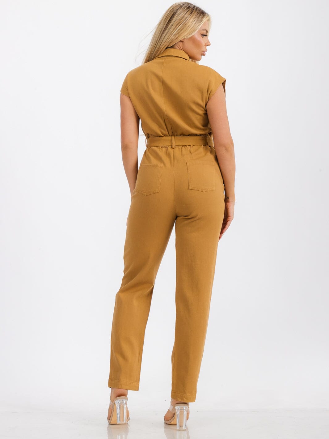 WOMENS' SHORT SLEEVE ZIP UP FRONT POCKETS BELTED JUMPSUIT