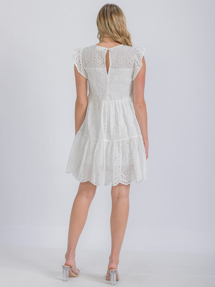 WOMEN'S SLEEVELESS EYELET TIERED MINI DRESS
