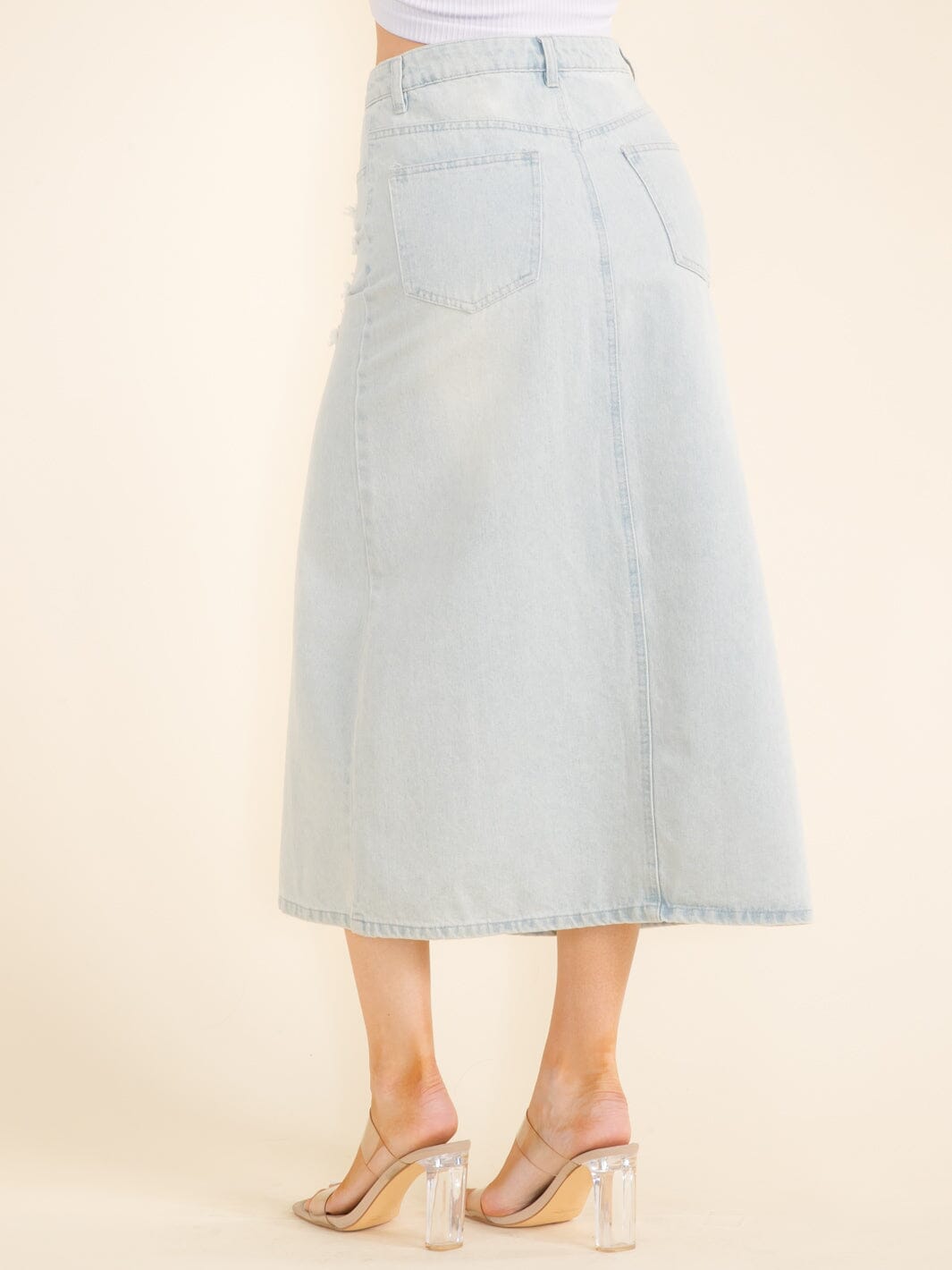 WOMEN'S BUTTON CLOSURE POCKETS FRONT SLIT DISTRESS DENIM MAXI SKIRT