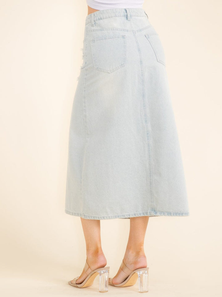 WOMEN'S BUTTON CLOSURE POCKETS FRONT SLIT DISTRESS DENIM MAXI SKIRT
