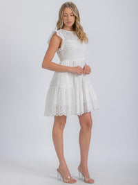 WOMEN'S SLEEVELESS EYELET TIERED MINI DRESS