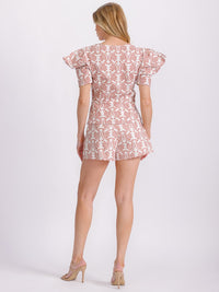 WOMEN'S SHORT RUFFLE SLEEVE V-NECK MULTI PRINT BLOUSE