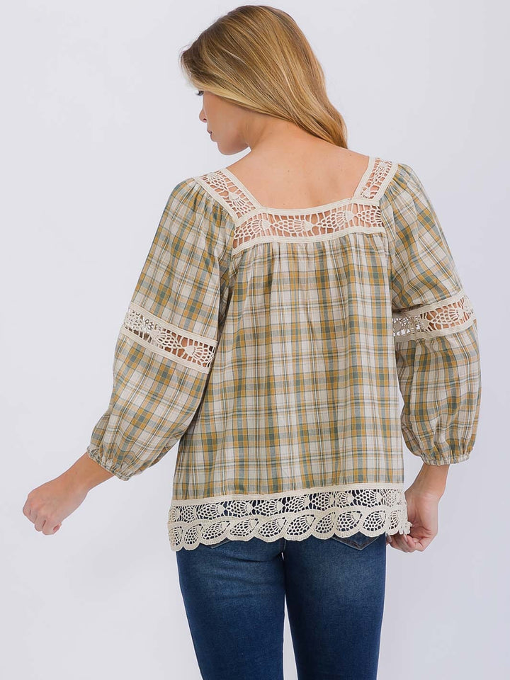 WOMEN'S LONG SLEEVE SQUARE NECK PLAID CROCHET TRIM BLOUSE