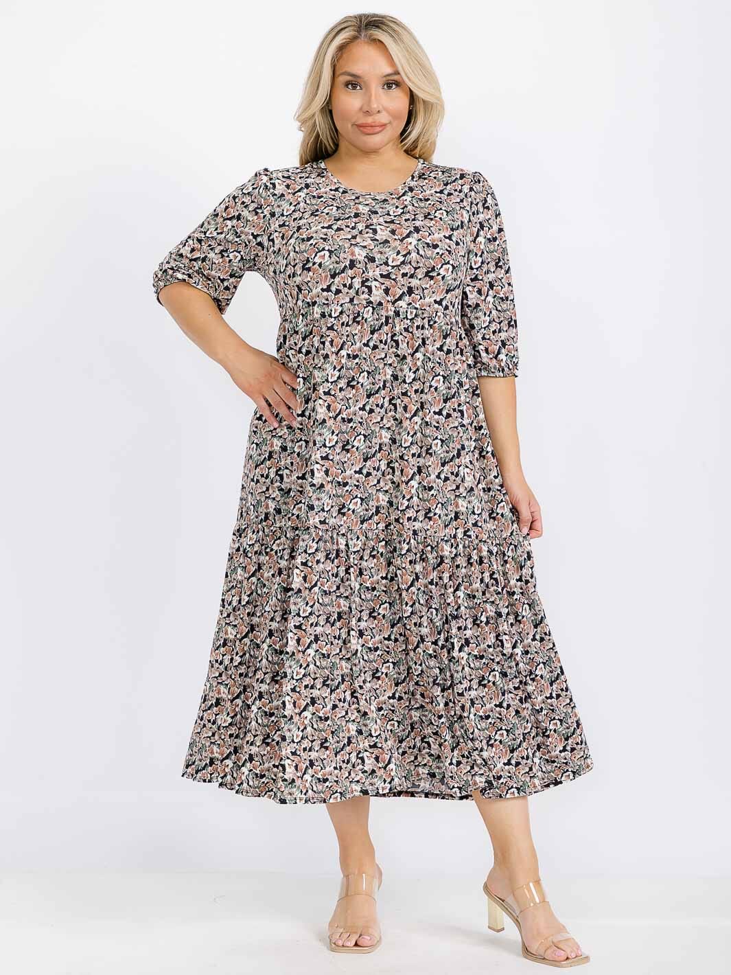 PLUS SIZE SHORT SLEEVE FRONT POCKETS FLORAL MAXI DRESS