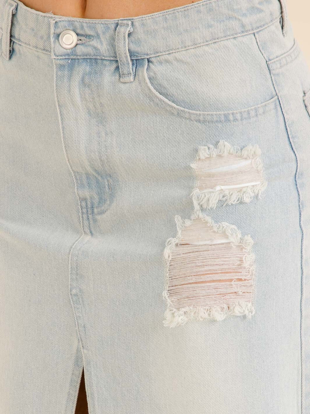 WOMEN'S BUTTON CLOSURE POCKETS FRONT SLIT DISTRESS DENIM MAXI SKIRT