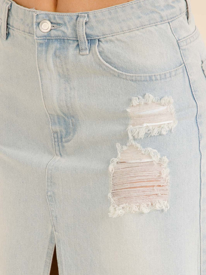 WOMEN'S BUTTON CLOSURE POCKETS FRONT SLIT DISTRESS DENIM MAXI SKIRT