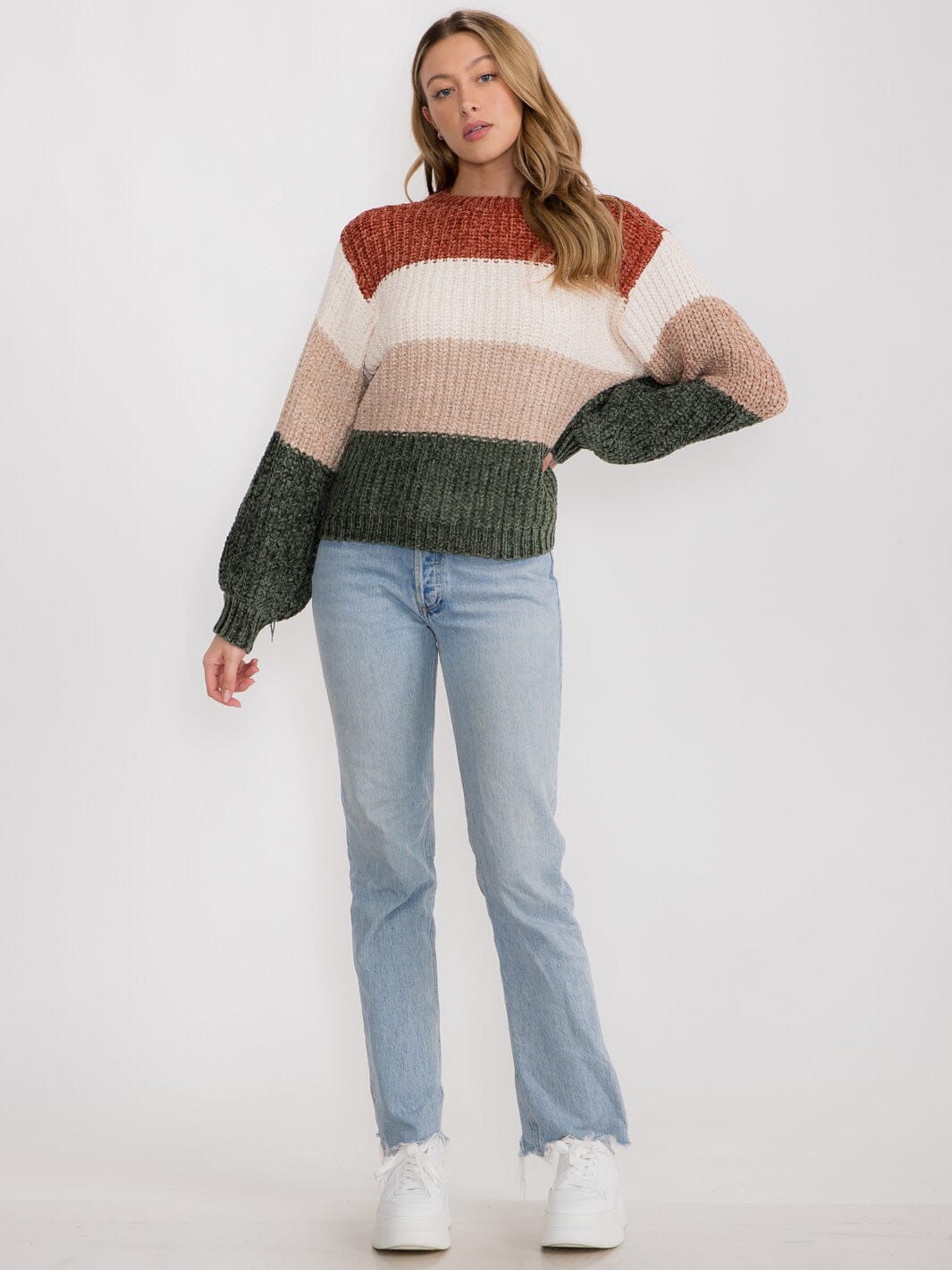 WOMEN'S LONG SLEEVE STRIPES COLORBLOCK PULLOVER SWEATER