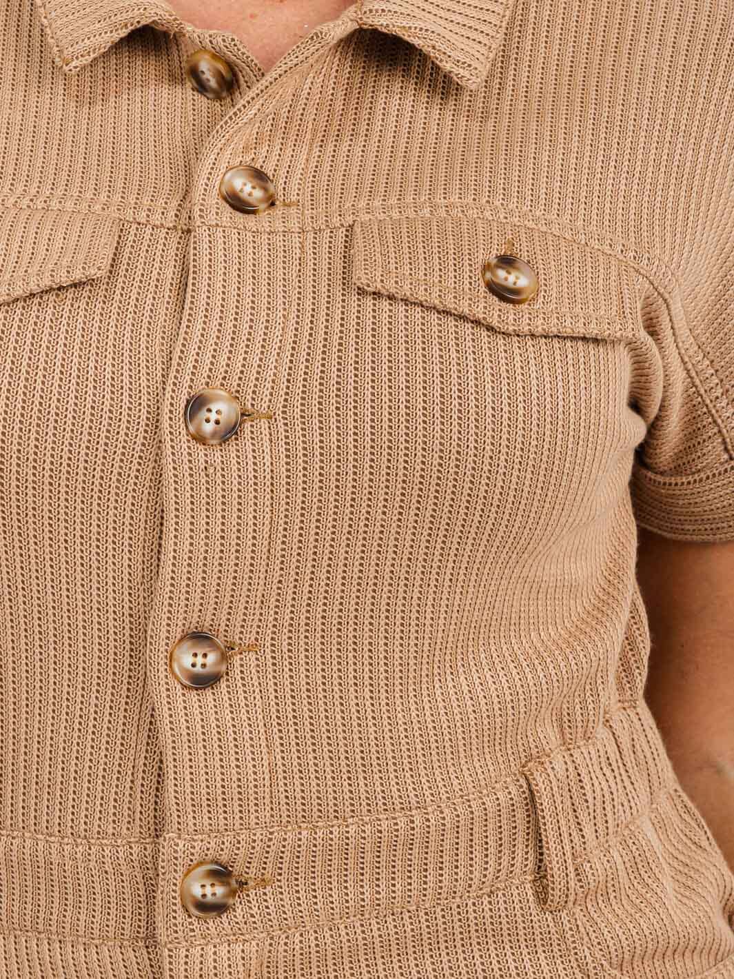 WOMENS' SHORT SLEEVE BUTTON UP FRONT POCKETS KNIT JUMPSUIT