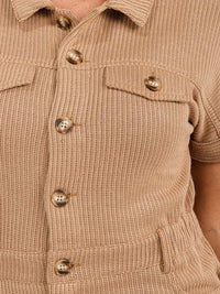 WOMENS' SHORT SLEEVE BUTTON UP FRONT POCKETS KNIT JUMPSUIT