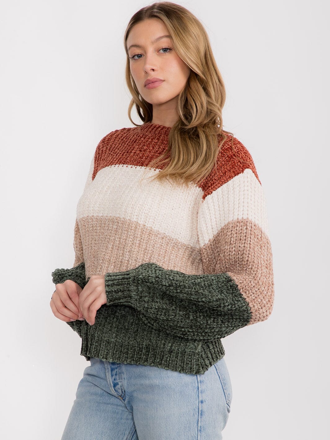 WOMEN'S LONG SLEEVE STRIPES COLORBLOCK PULLOVER SWEATER