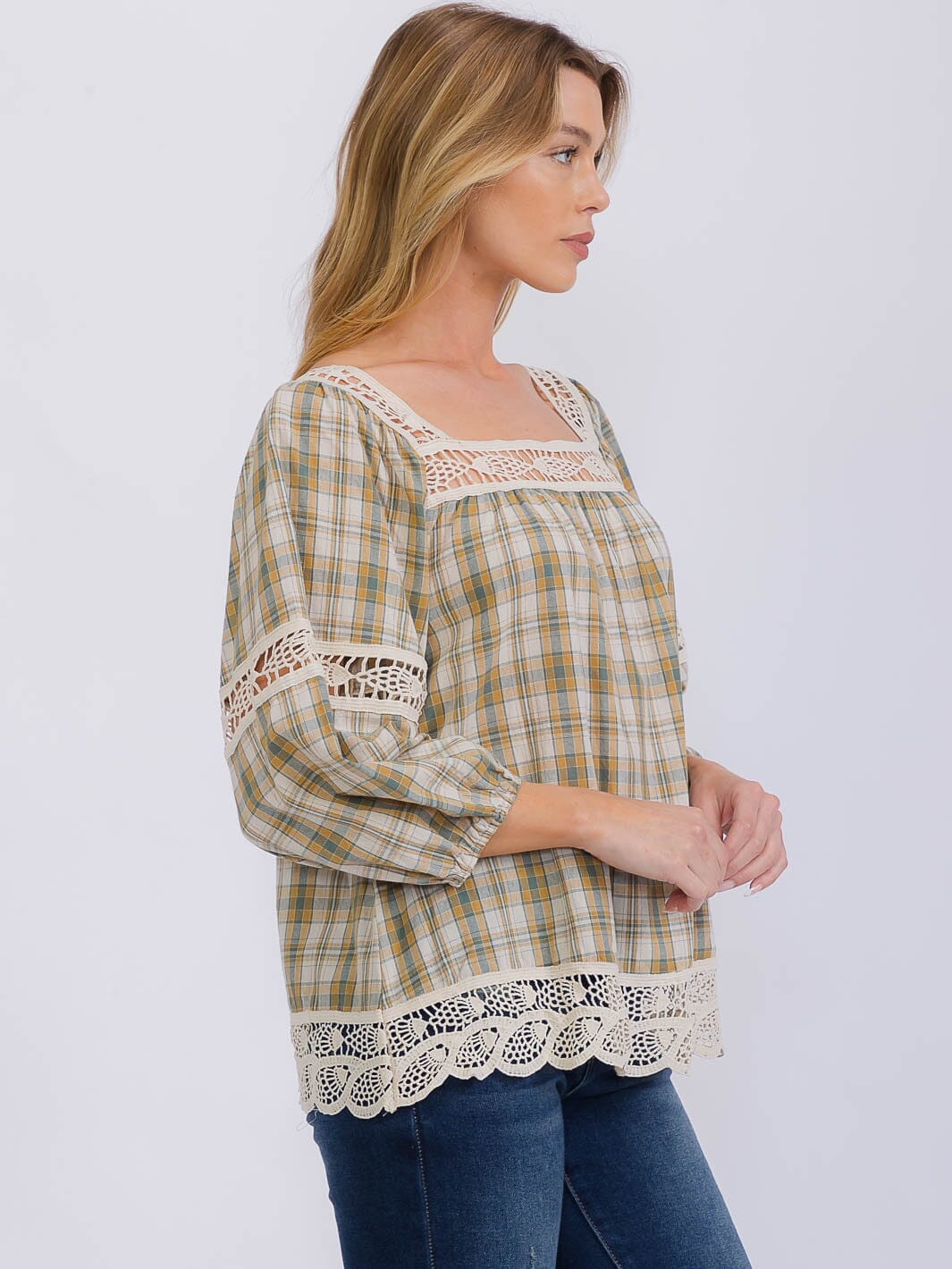 WOMEN'S LONG SLEEVE SQUARE NECK PLAID CROCHET TRIM BLOUSE