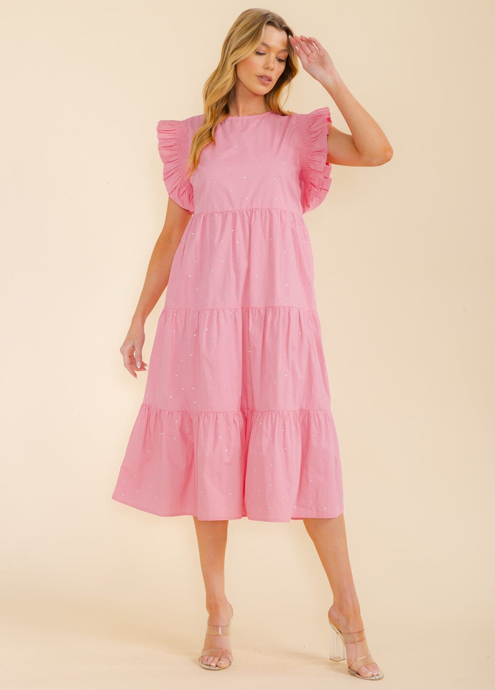 WOMEN'S RUFFLE SLEEVE FRONT POCKETS TIERED STUDS MIDI DRESS