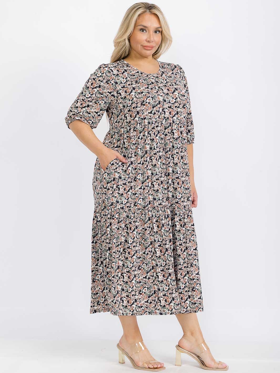 PLUS SIZE SHORT SLEEVE FRONT POCKETS FLORAL MAXI DRESS
