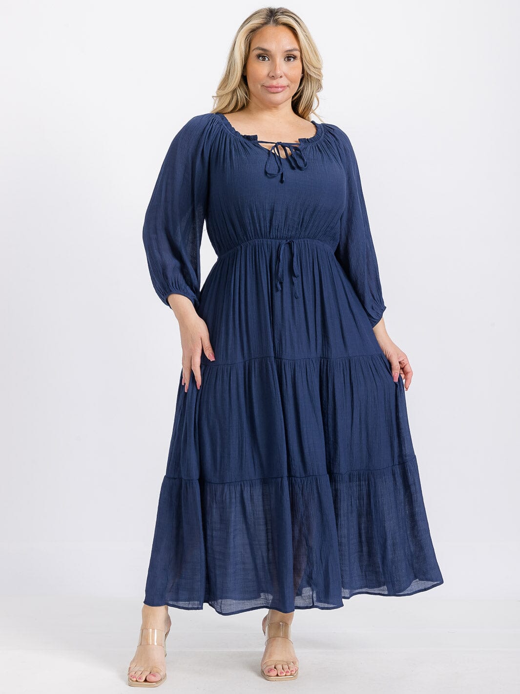 PLUS SIZE LONG SLEEVE ELASTIC WAIST TIERED MAXI DRESS