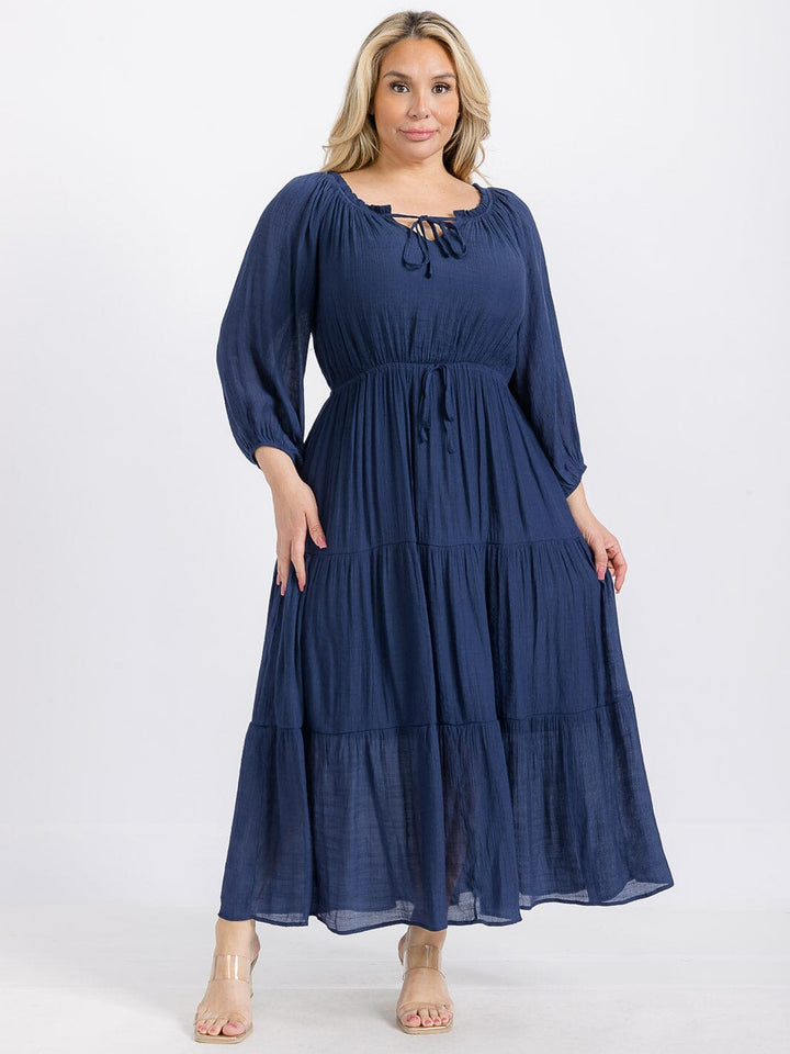 PLUS SIZE LONG SLEEVE ELASTIC WAIST TIERED MAXI DRESS