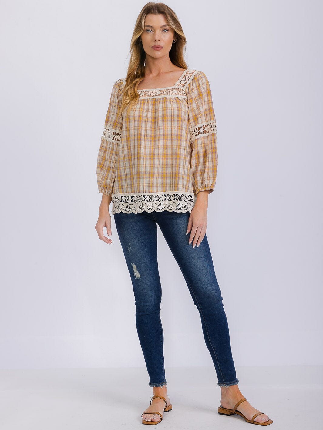 WOMEN'S LONG SLEEVE SQUARE NECK PLAID CROCHET TRIM BLOUSE