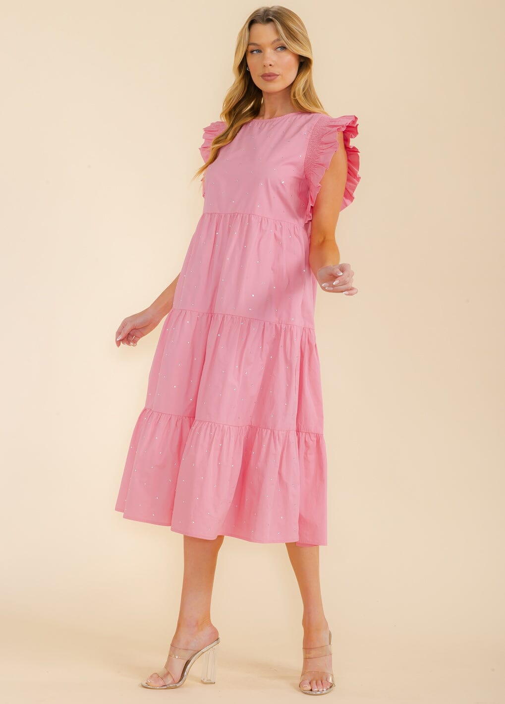 WOMEN'S RUFFLE SLEEVE FRONT POCKETS TIERED STUDS MIDI DRESS