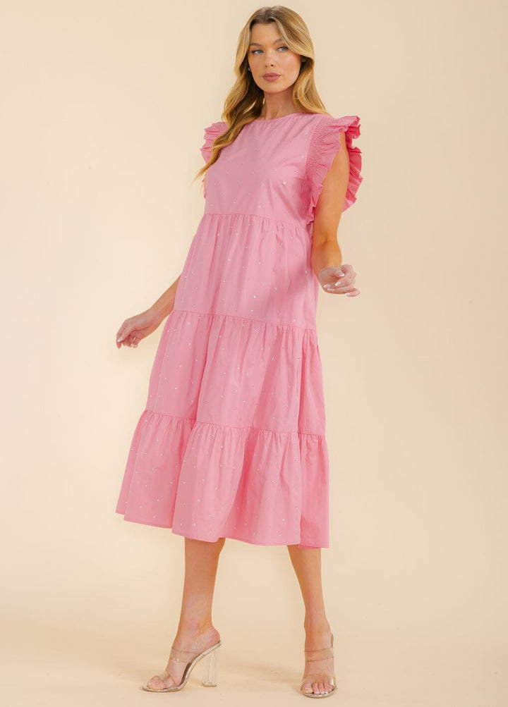 WOMEN'S RUFFLE SLEEVE FRONT POCKETS TIERED STUDS MIDI DRESS