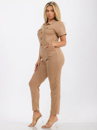 WOMENS' SHORT SLEEVE BUTTON UP FRONT POCKETS KNIT JUMPSUIT