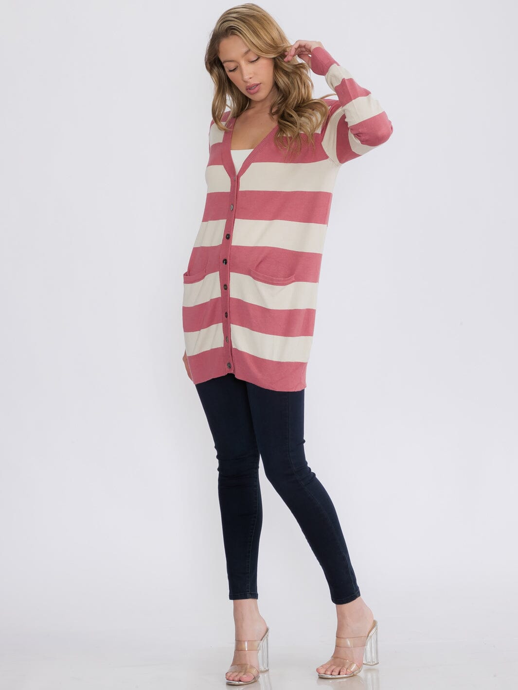 WOMEN'S LONG SLEEVE FRONT POCKETS BUTTON UP COLORBLOCK STRIPES CARDIGAN