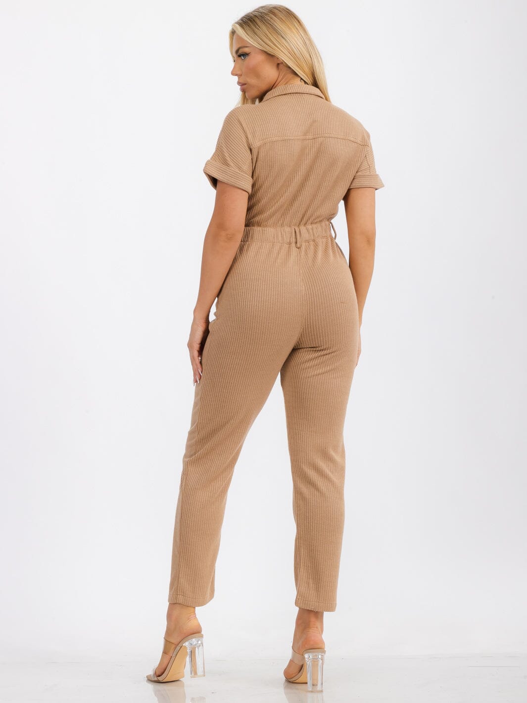 WOMENS' SHORT SLEEVE BUTTON UP FRONT POCKETS KNIT JUMPSUIT