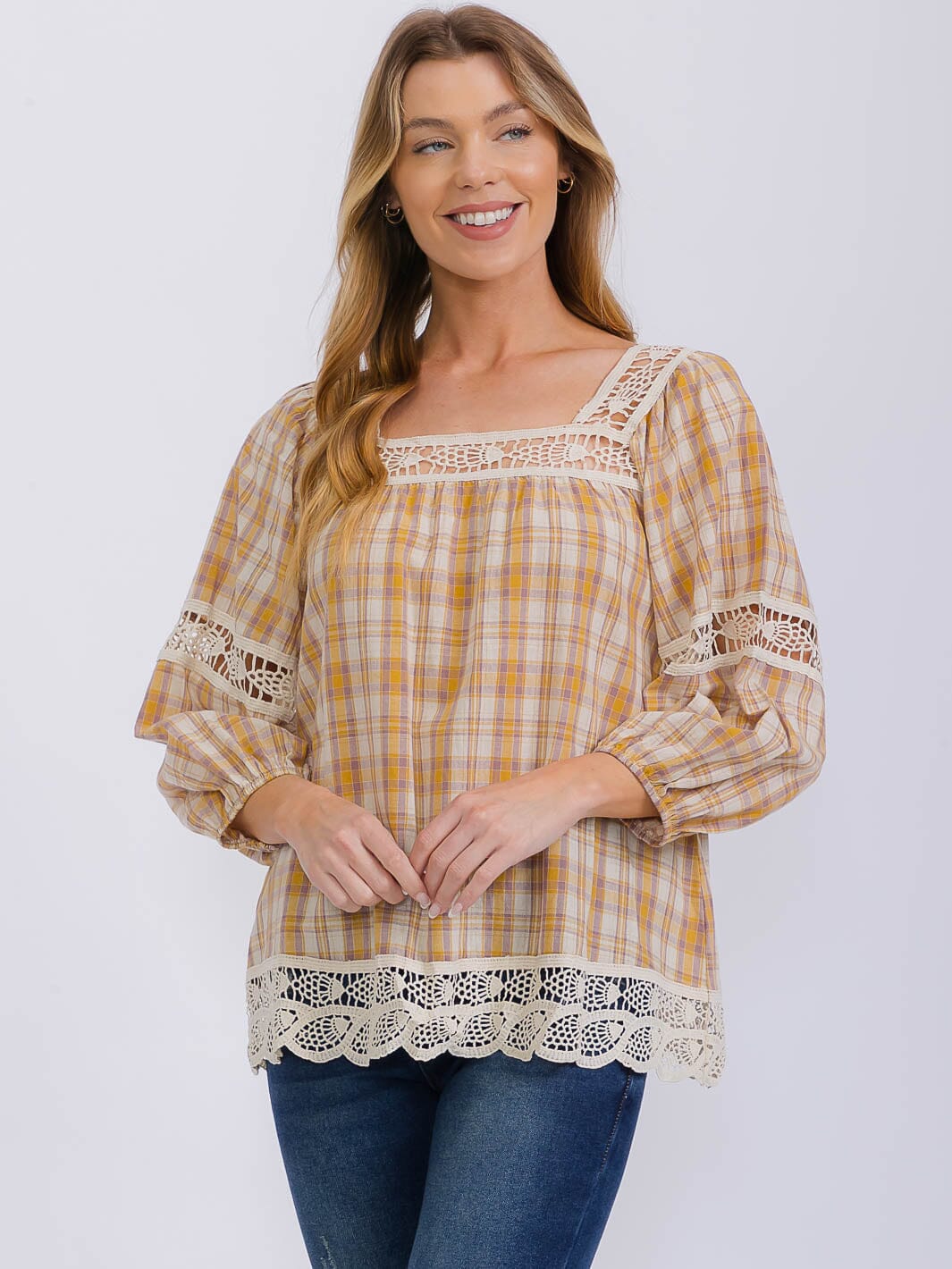 WOMEN'S LONG SLEEVE SQUARE NECK PLAID CROCHET TRIM BLOUSE