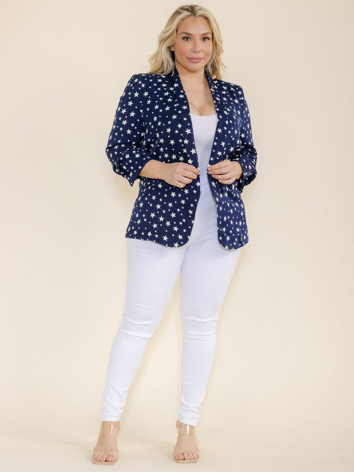PLUS SIZE 3/4 SLEEVE OPEN FRONT POCKETS STARS PRINT BLAZER
