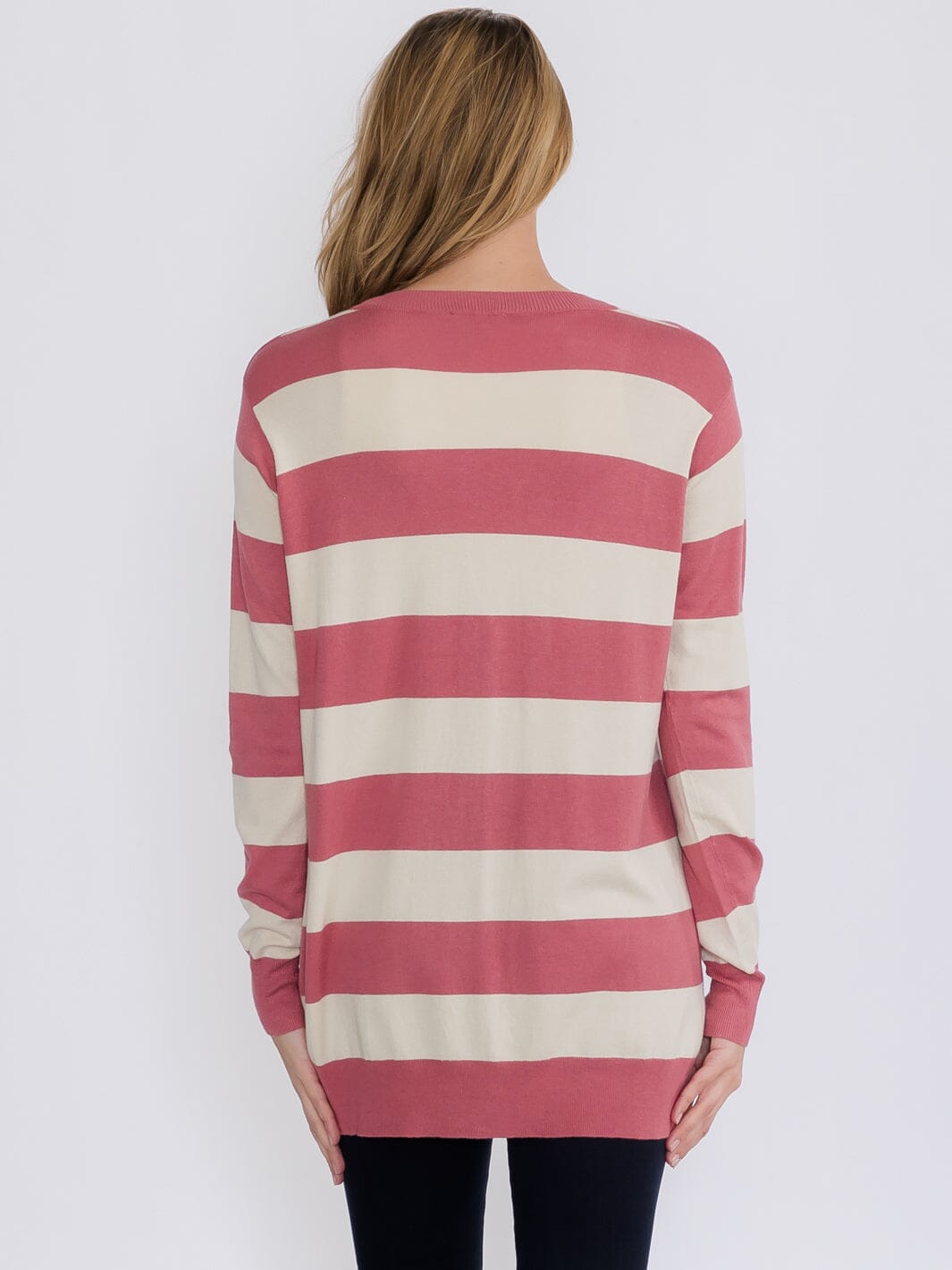 WOMEN'S LONG SLEEVE FRONT POCKETS BUTTON UP COLORBLOCK STRIPES CARDIGAN