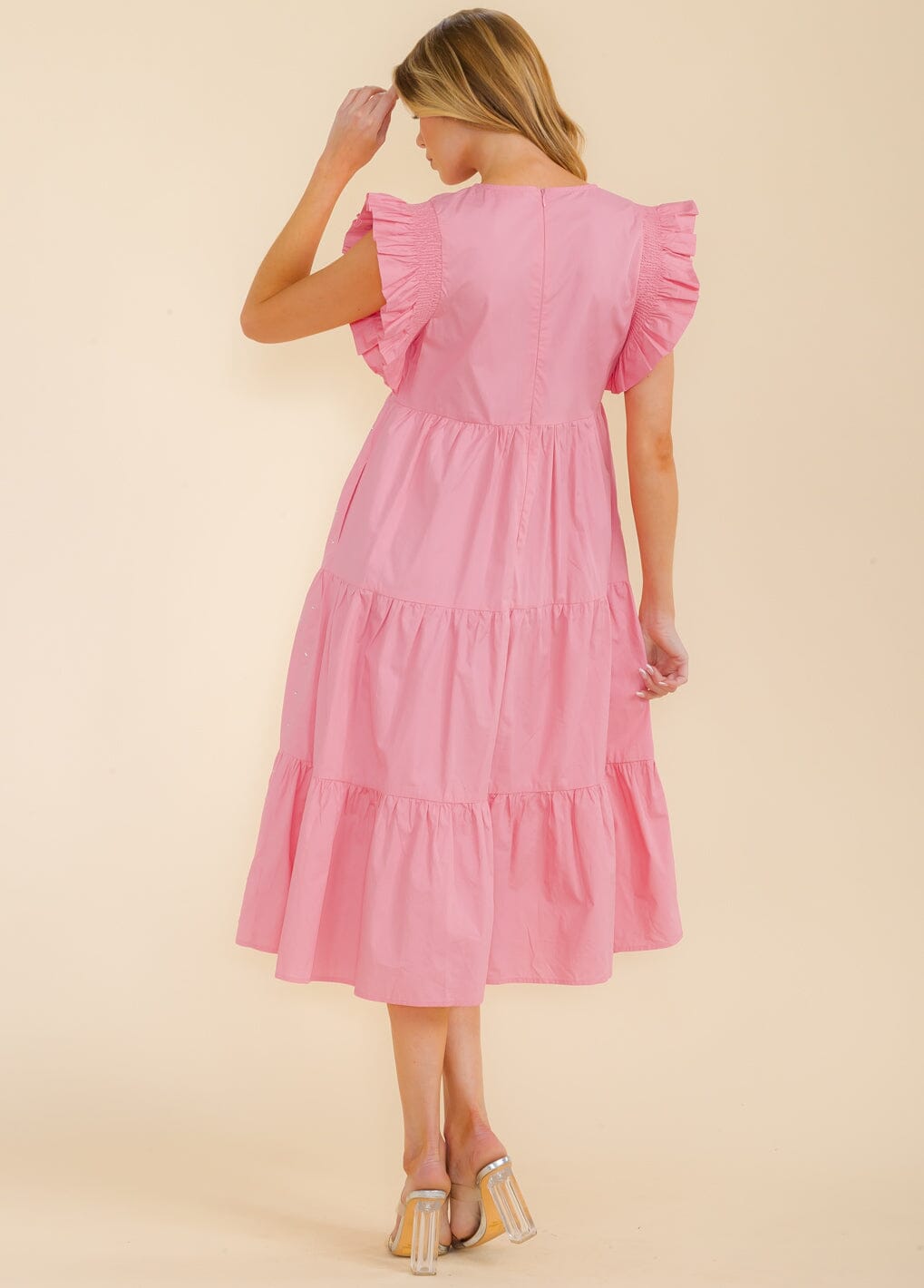 WOMEN'S RUFFLE SLEEVE FRONT POCKETS TIERED STUDS MIDI DRESS