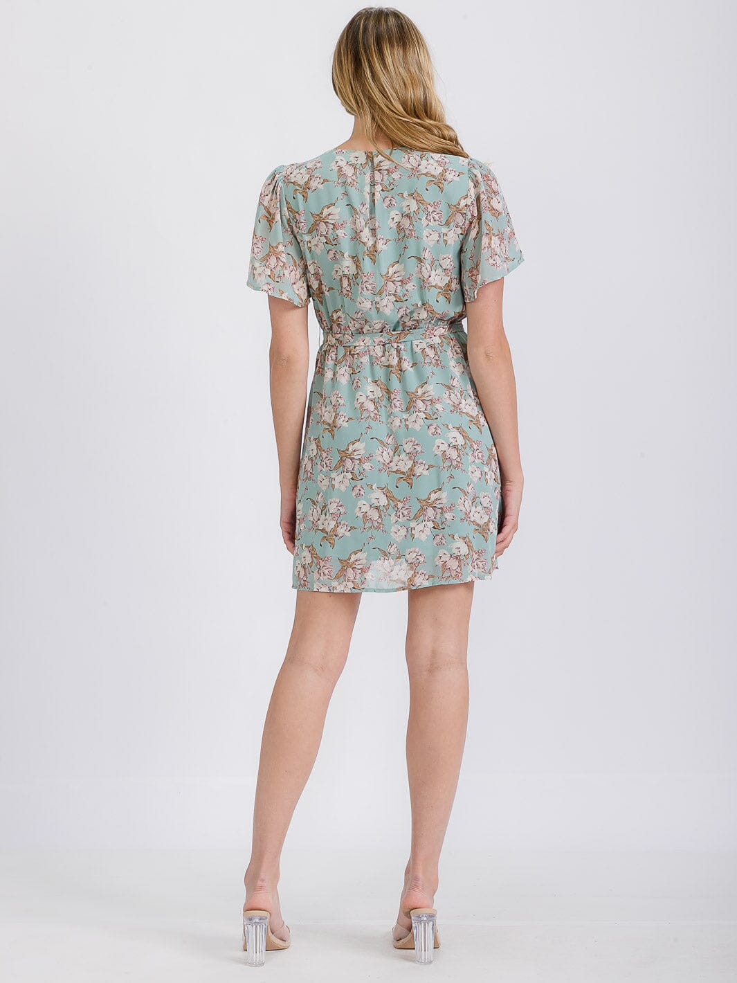 WOMEN'S SHORT SLEEVE FLORAL ELASTIC WASIT BELTED MINI DRESS