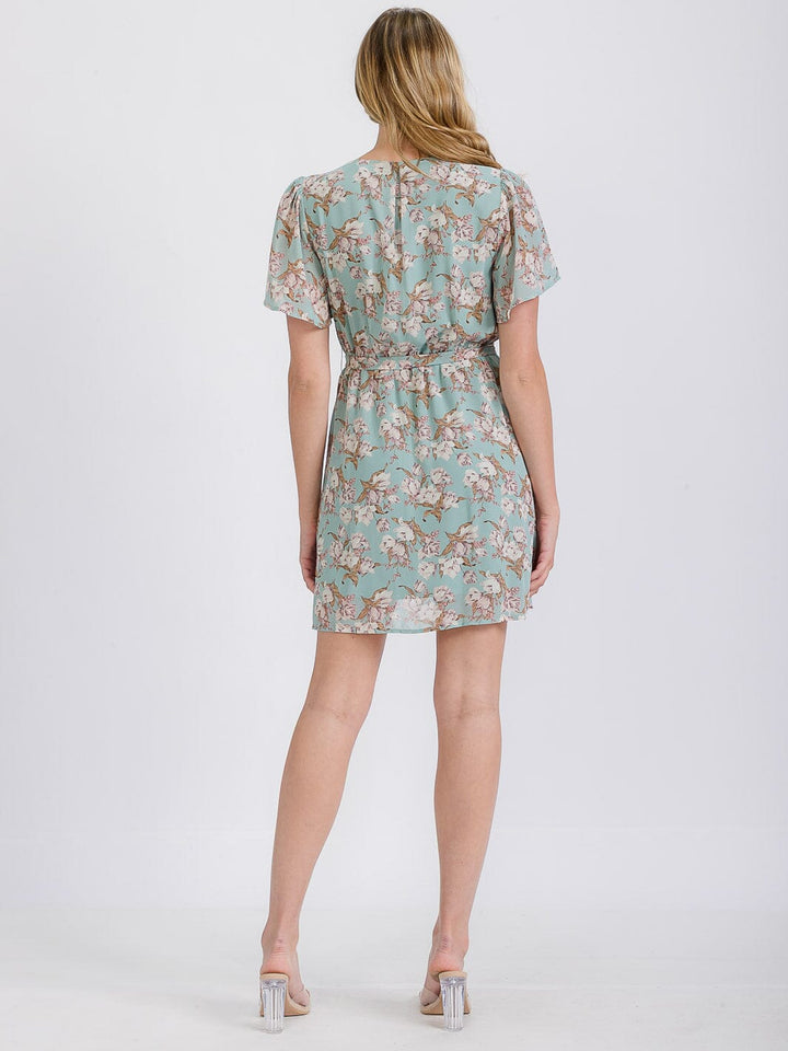 WOMEN'S SHORT SLEEVE FLORAL ELASTIC WASIT BELTED MINI DRESS