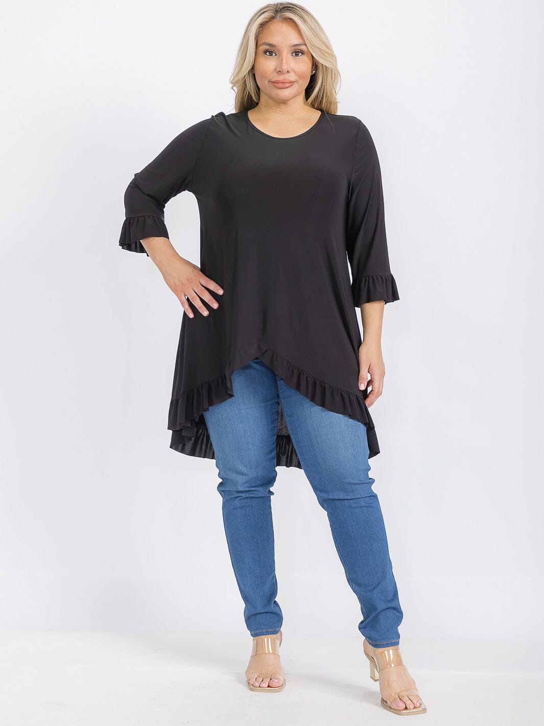 PLUS SIZE 3/4 SLEEVE HIGH-LOW TUNIC BLOUSE