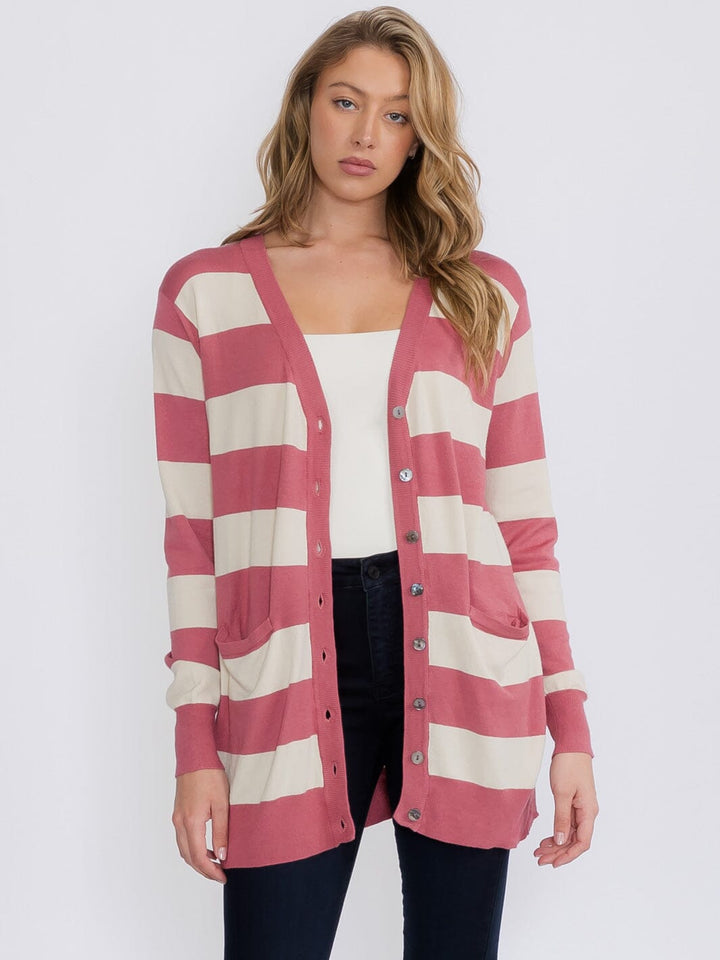 WOMEN'S LONG SLEEVE FRONT POCKETS BUTTON UP COLORBLOCK STRIPES CARDIGAN