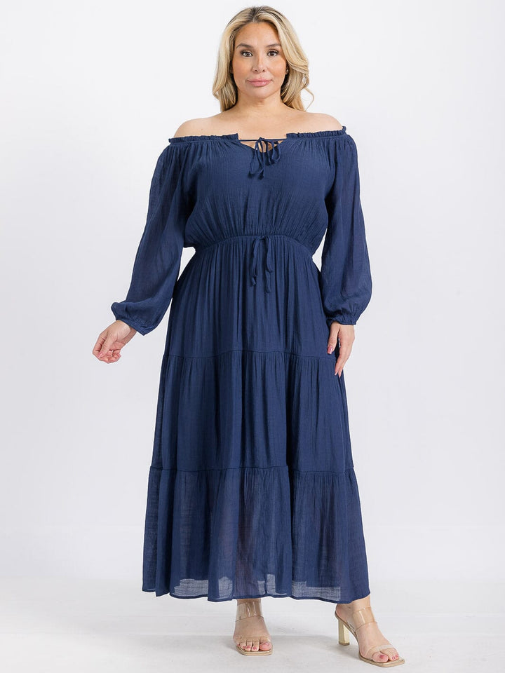 PLUS SIZE LONG SLEEVE ELASTIC WAIST TIERED MAXI DRESS