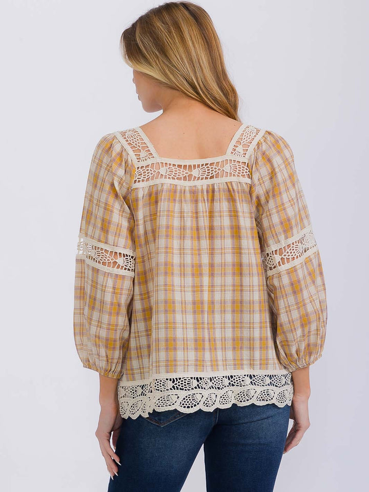 WOMEN'S LONG SLEEVE SQUARE NECK PLAID CROCHET TRIM BLOUSE